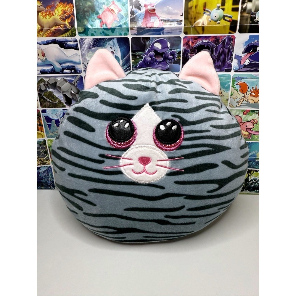 TY Squish-A-Boos Kiki Cat Plush Gray Tabby Glitter Pink Eyes 8"